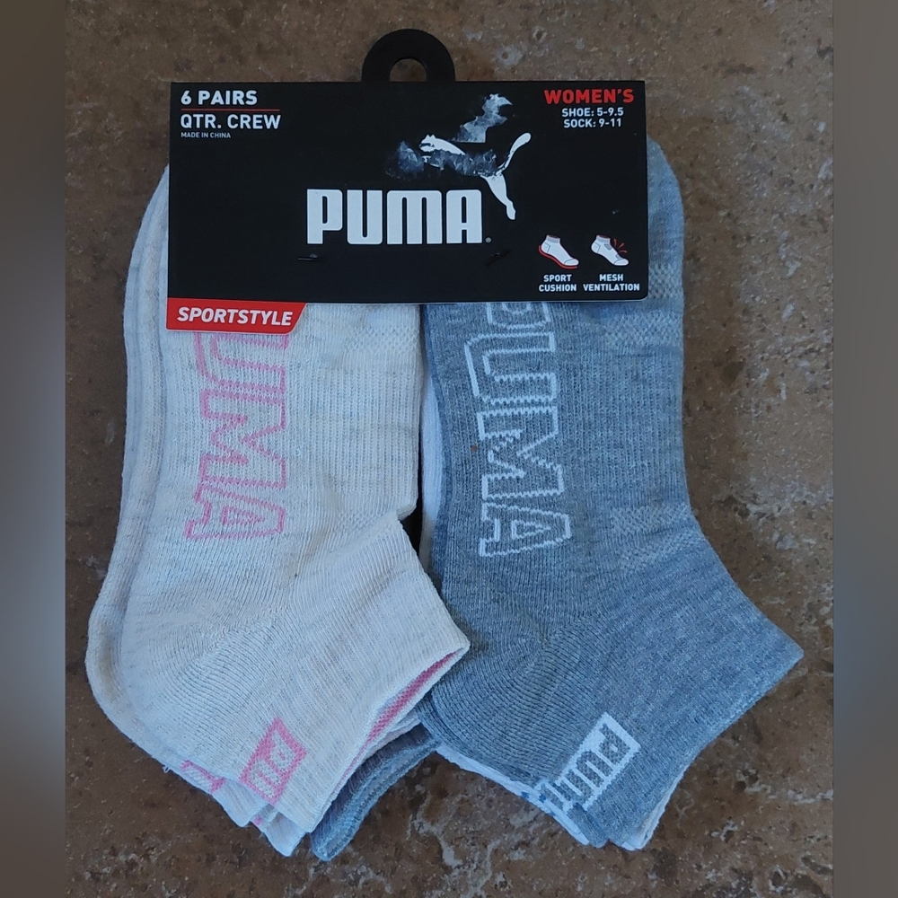PUMA Women's Quarter Crew Socks - Gray, White, and Pink